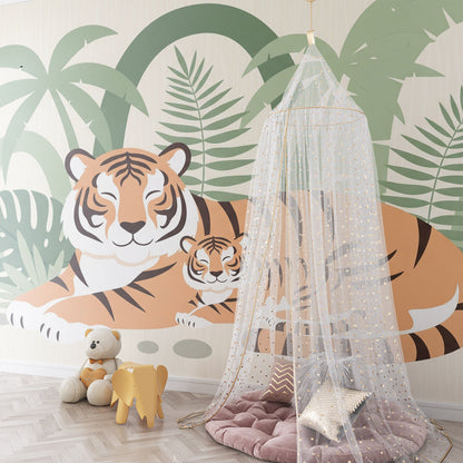 Kids-Mundo tiger and cub jungle wall mural covering a feature wall in a kids bedroom.