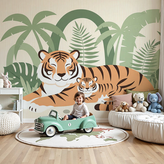 Kids-Mundo mother and baby tiger wall mural in a warm, cosy nursery setting.