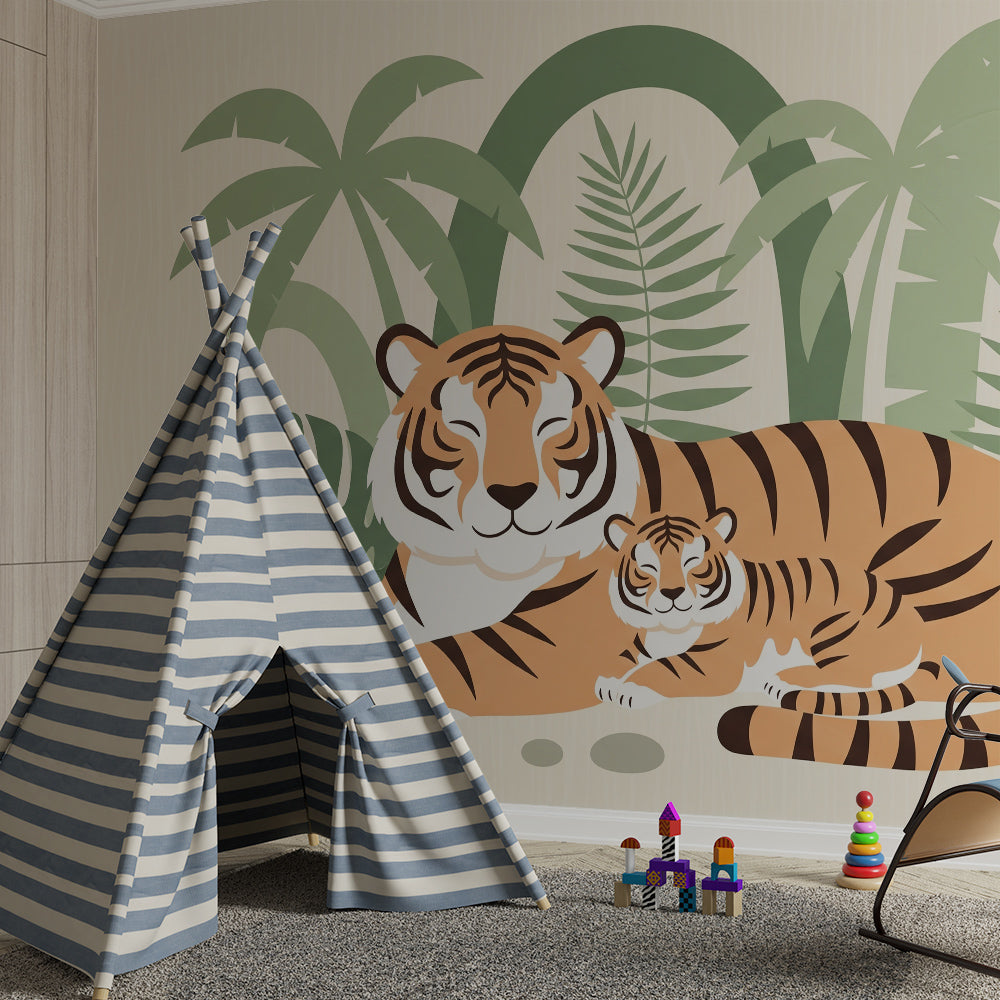 Kids-Mundo jungle tiger mural bringing a playful, colourful accent to a children's playroom.