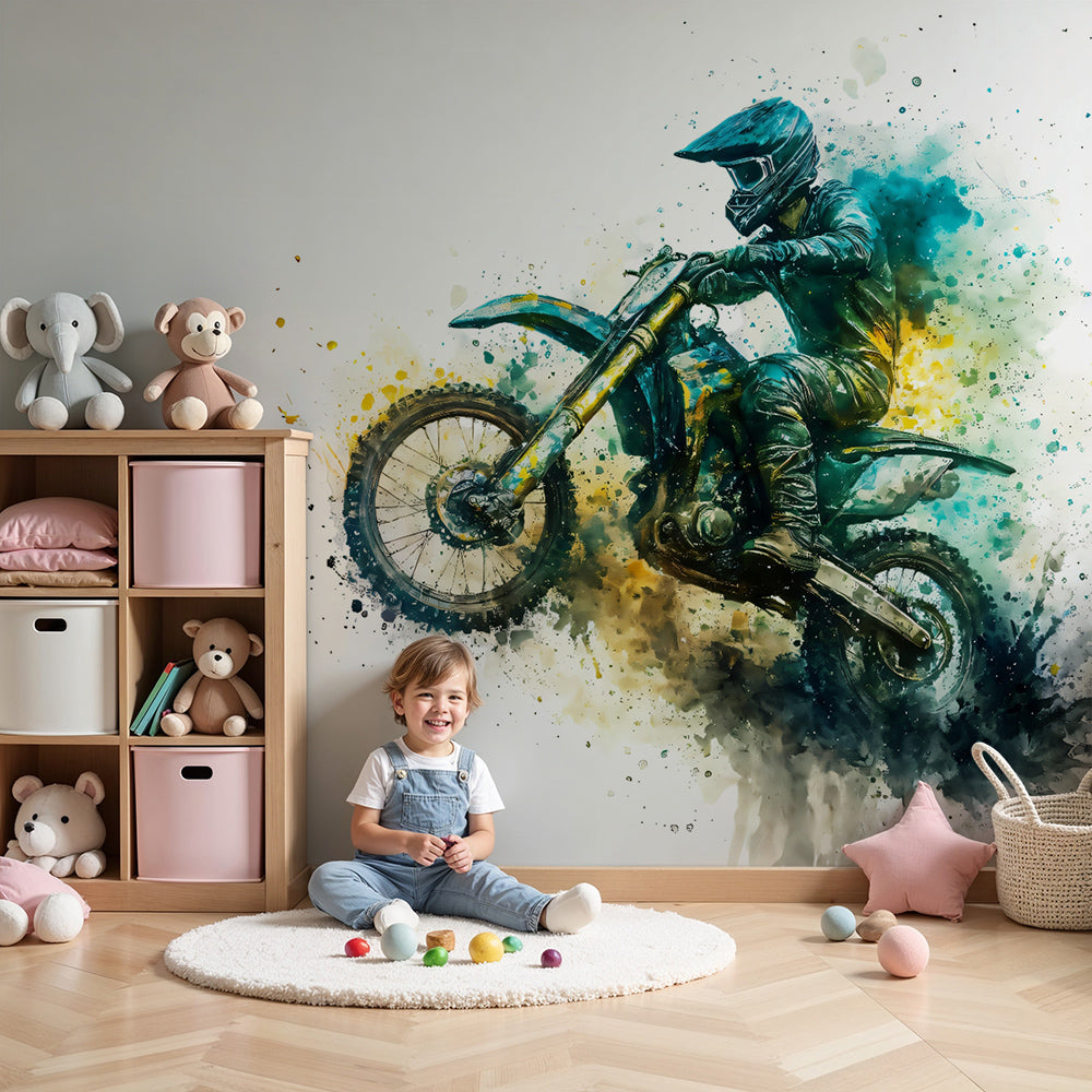 Kids-Mundo motocross wall mural styled in a nursery, bringing bold watercolour rider artwork into the room.
