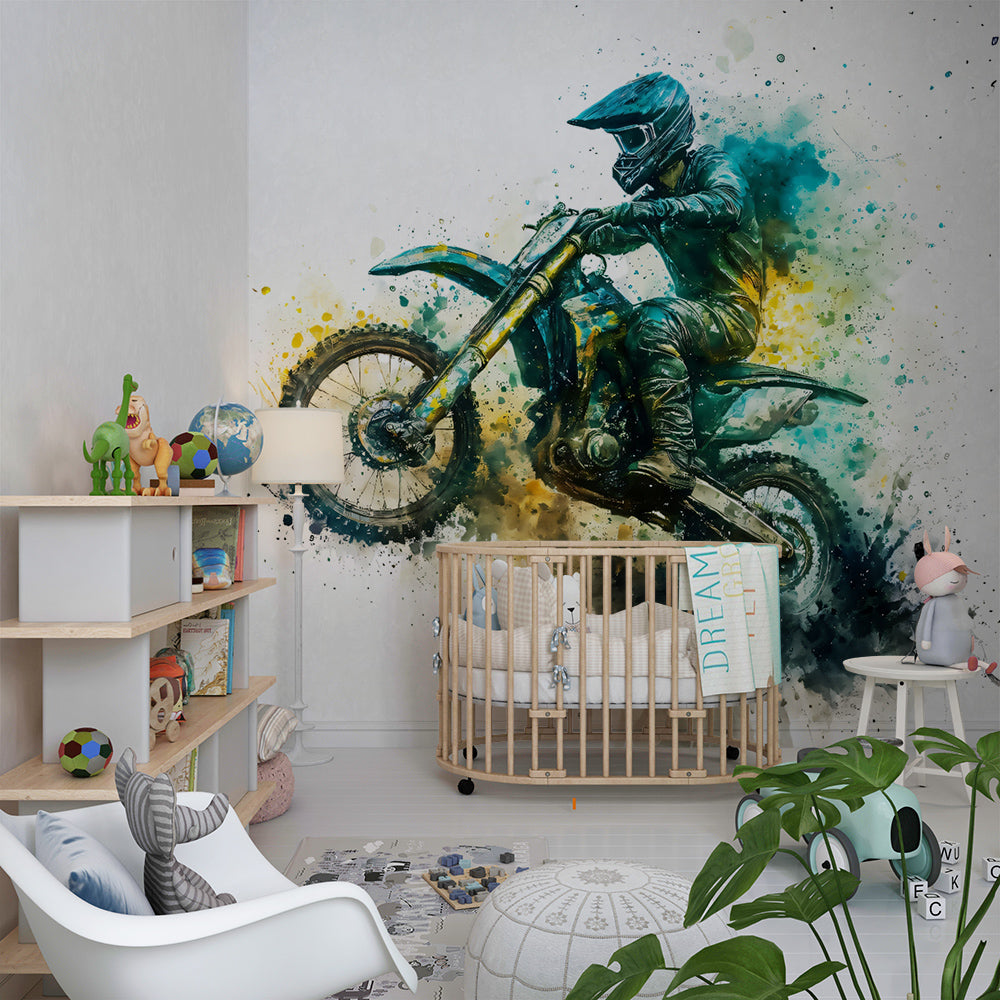 Kids-Mundo motocross wall mural brightening a playroom with energetic teal and gold splash artwork.