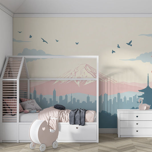 Kids-Mundo cherry blossom skyline wall mural on a feature wall in a kids bedroom.