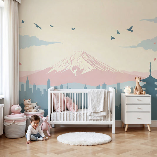 Kids-Mundo Mount Fuji cherry blossom wall mural styled in a soft pink nursery.