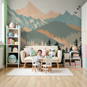 Mountain adventure mural wallpaper with bears in child's bedroom creating woodland atmosphere by Kids-Mundo