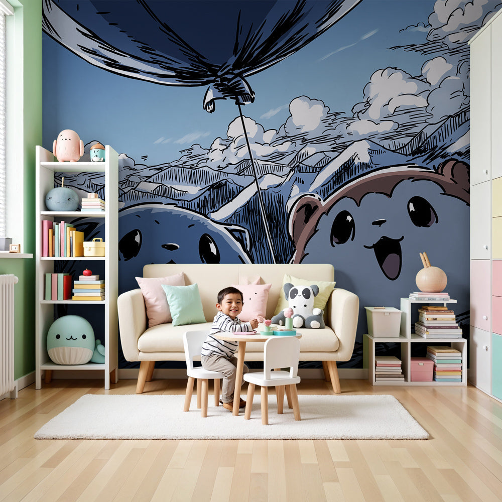 Mountain adventure mural wallpaper with hot air balloon in modern kids bedroom by Kids-Mundo