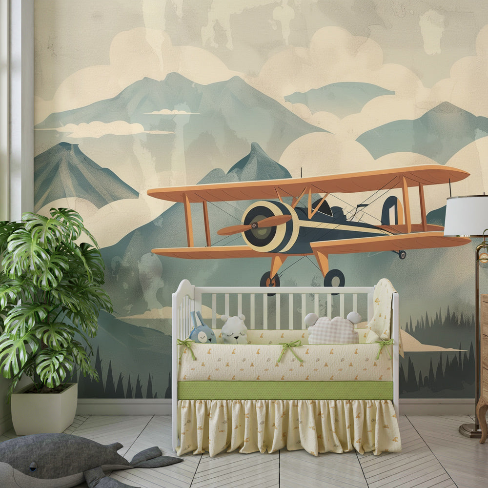 Multicolored mountain landscape wallpaper transforming kids bedroom into adventure scene by Kids-Mundo