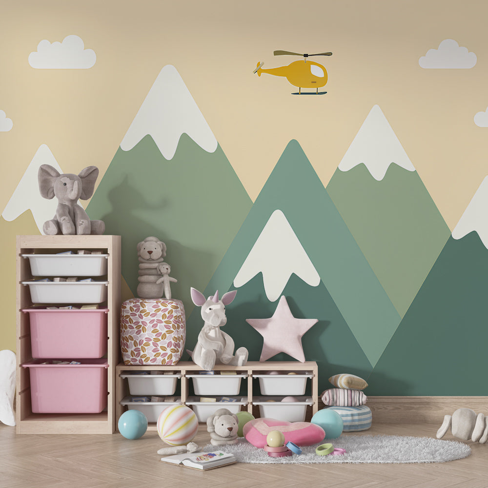 Alpine peaks mural wallpaper creating adventurous kids bedroom decor with natural elements