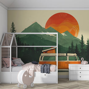 Retro mountain sunset mural wallpaper creating adventure-themed kids bedroom atmosphere