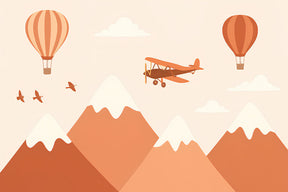 Detailed mountain adventure mural wallpaper design pattern with airplane and hot air balloons by Kids-Mundo