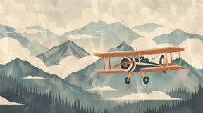 Detailed mountain adventure mural wallpaper design pattern with misty peaks and aerial journey theme by Kids-Mundo