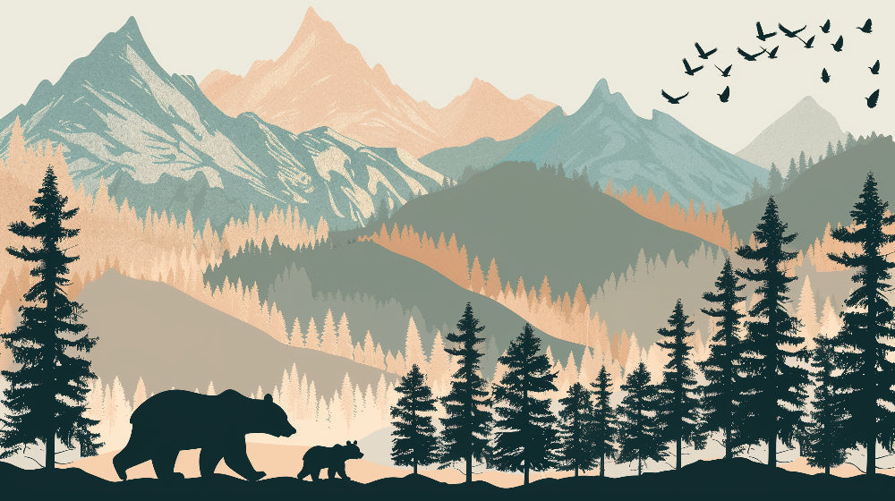 Detailed mountain adventure mural wallpaper design pattern featuring bears and forest landscape by Kids-Mundo