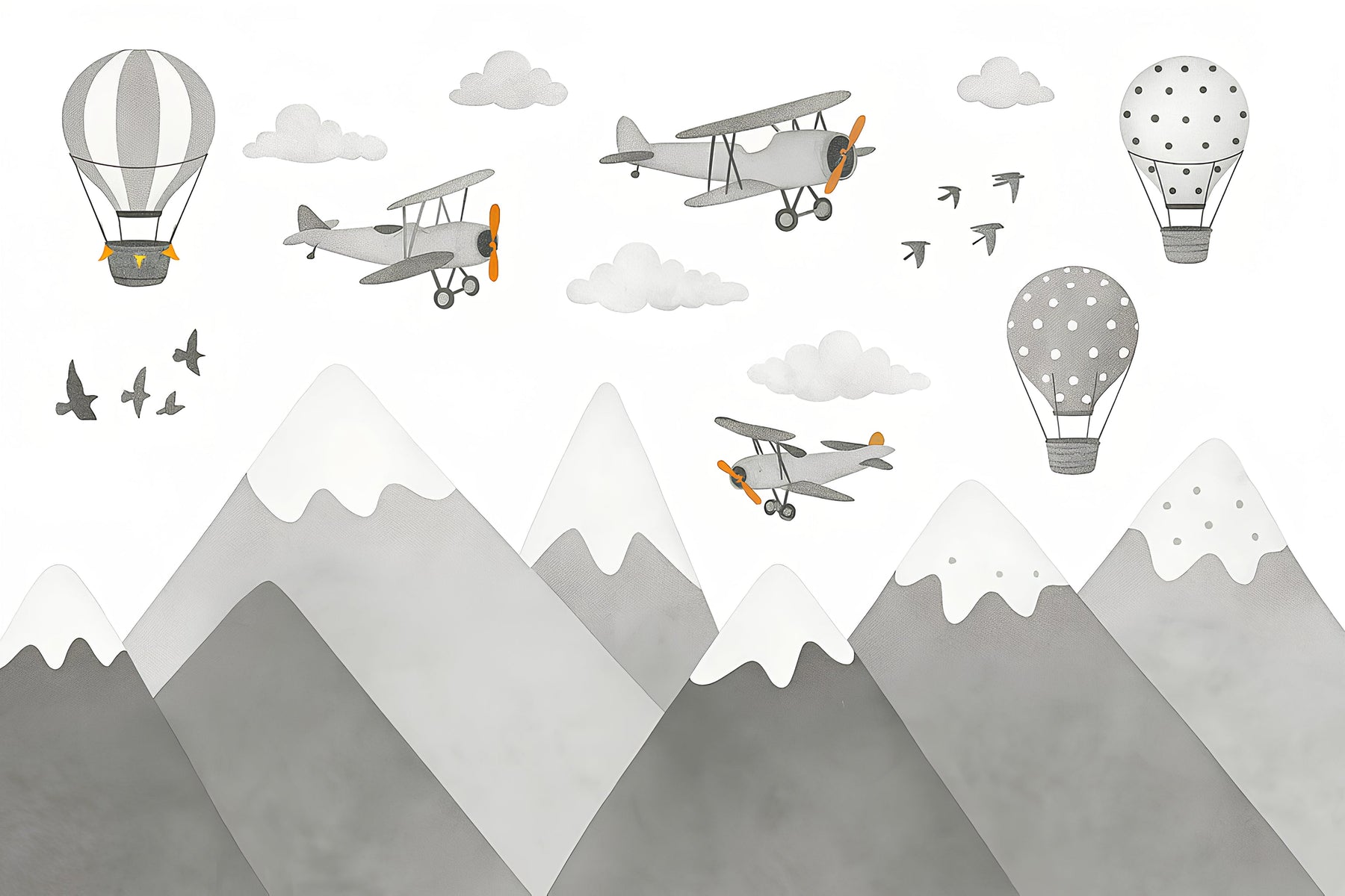 Detailed mountain adventure mural wallpaper design pattern with planes and hot air balloons by Kids-Mundo