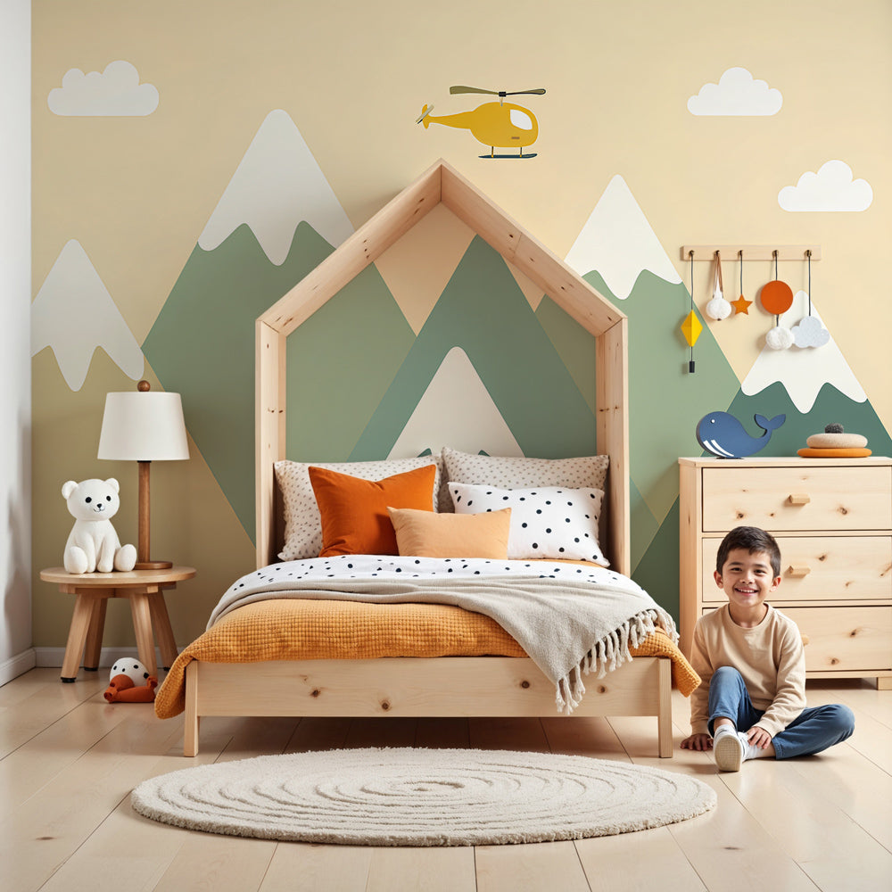 Mountain adventure mural wallpaper with helicopter in modern nursery room by Kids-Mundo