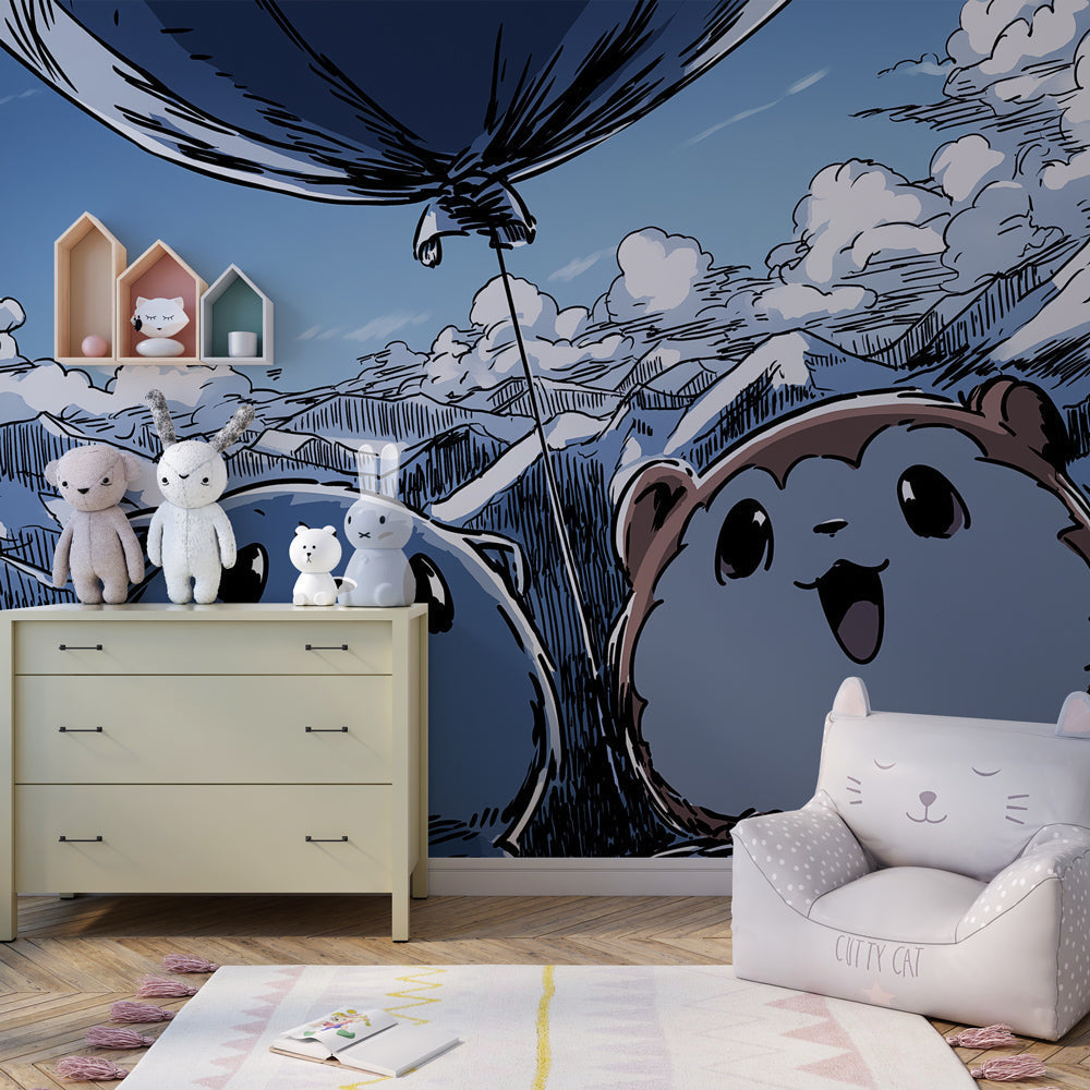 Hot air balloon mountain wallpaper creating adventurous nursery decor with blue sky theme