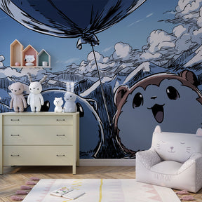 Hot air balloon mountain wallpaper creating adventurous nursery decor with blue sky theme
