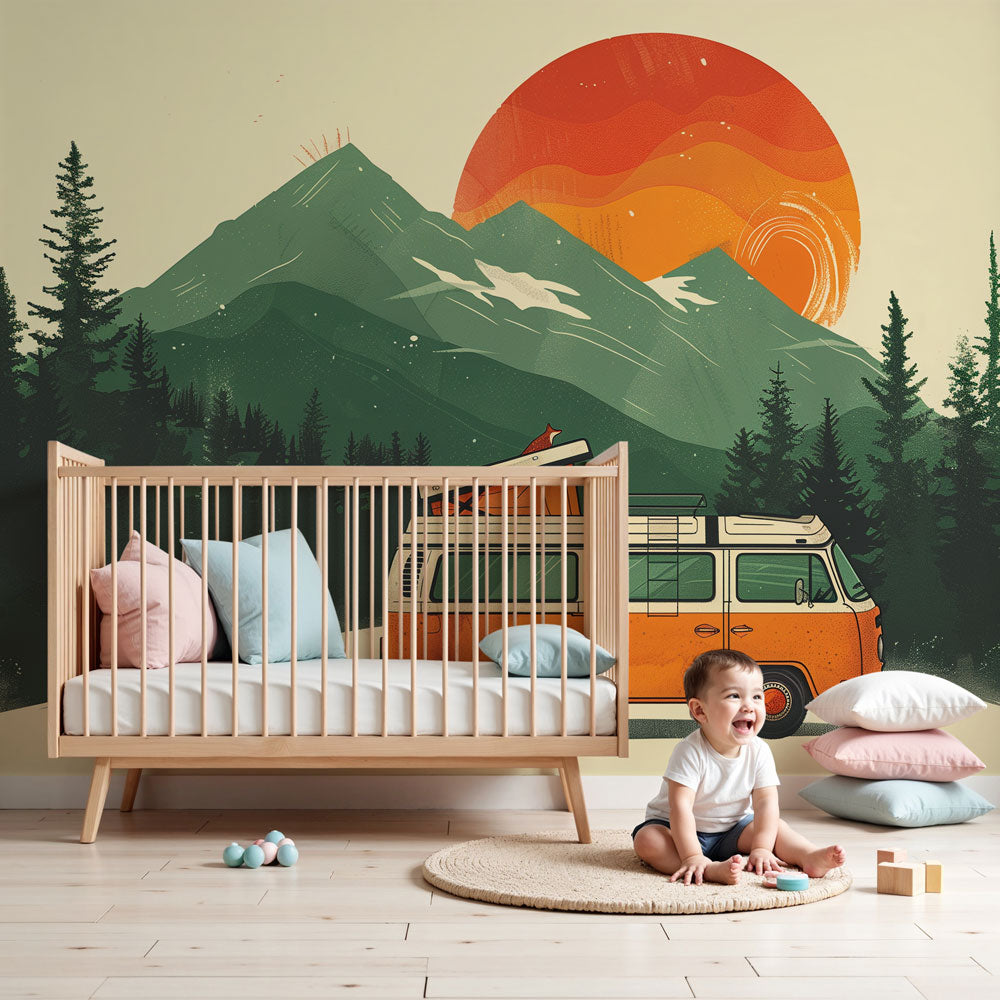 Mountain adventure mural wallpaper with retro van in modern nursery by Kids-Mundo