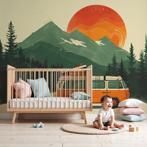 Mountain adventure mural wallpaper with retro van in modern nursery by Kids-Mundo