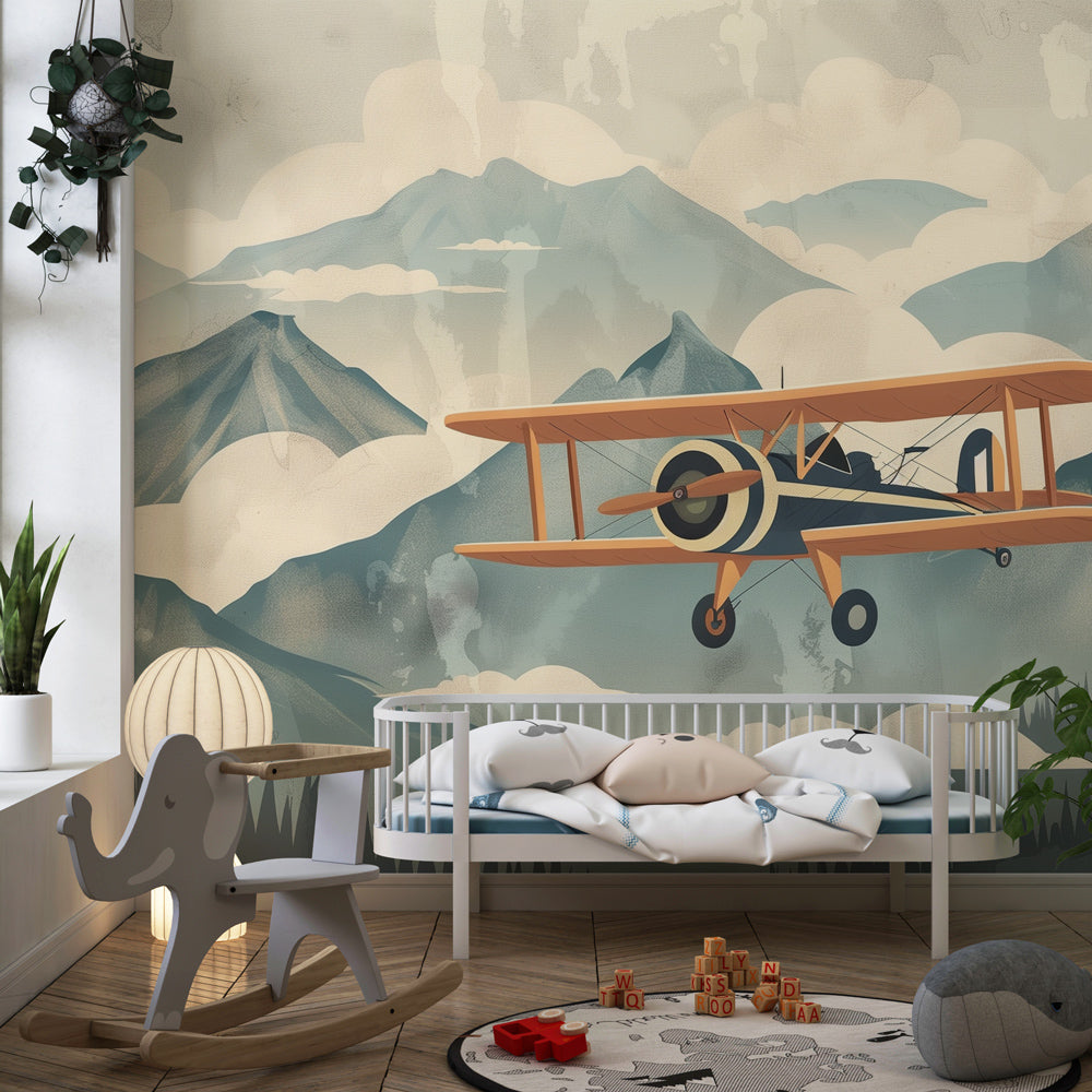 Misty mountain peaks mural wallpaper inspiring imagination in children's playroom by Kids-Mundo