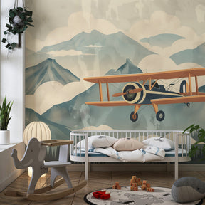 Misty mountain peaks mural wallpaper inspiring imagination in children's playroom by Kids-Mundo