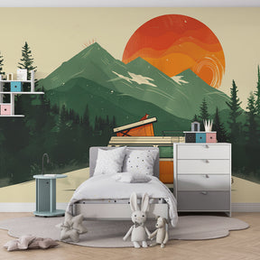 Orange van mountain adventure wallpaper transforming children's playroom by Kids-Mundo