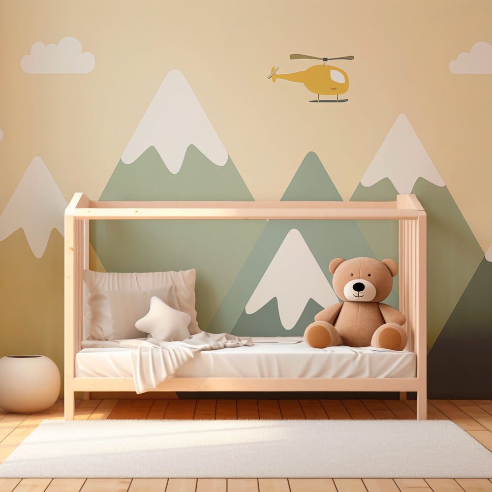 Mountain helicopter wallpaper transforming children's playroom with soft pastel colors