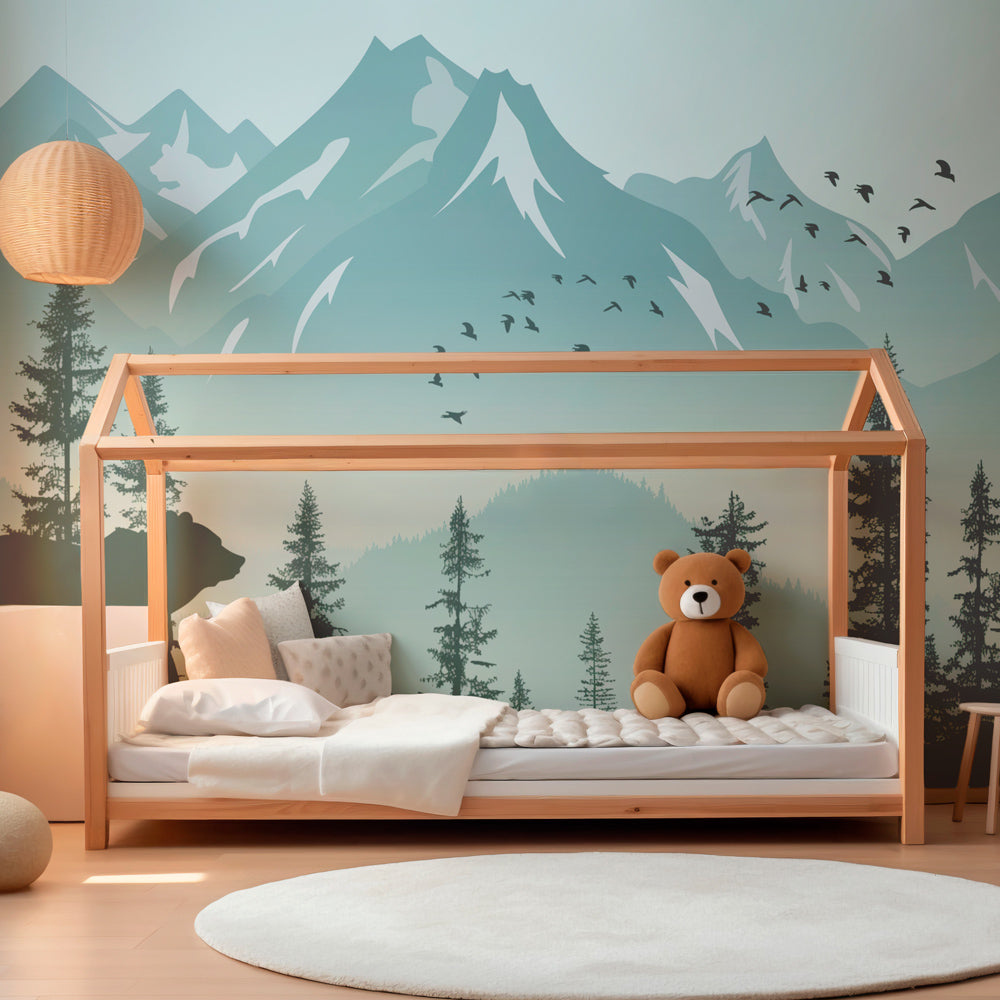Bears and flying birds mural wallpaper transforming children's playroom into nature sanctuary