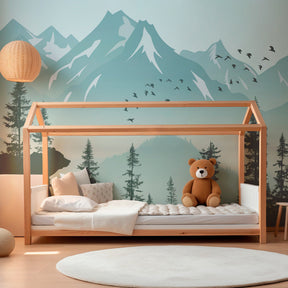 Bears and flying birds mural wallpaper transforming children's playroom into nature sanctuary