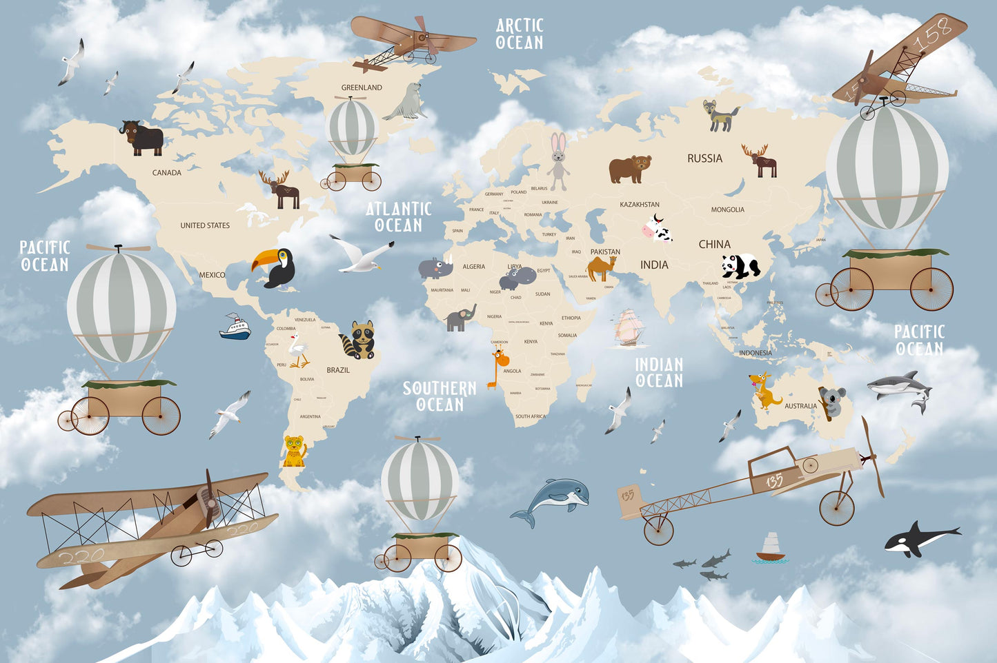 Kids-Mundo world map wall mural artwork with snow-capped mountains, wild animals and labelled oceans.