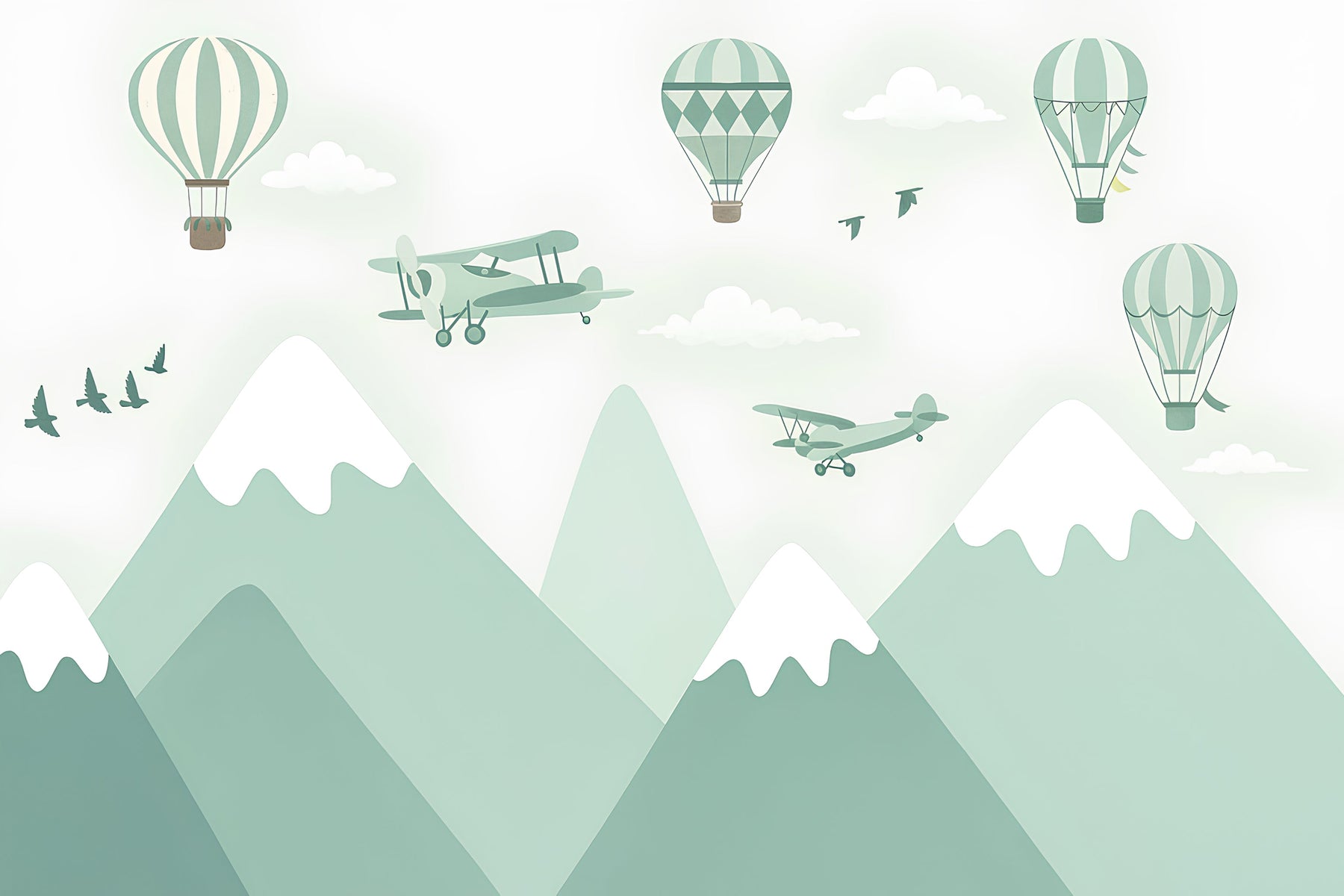 Detailed mountain aviation mural wallpaper design pattern with balloons and aircraft by Kids-Mundo