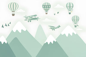 Detailed mountain aviation mural wallpaper design pattern with balloons and aircraft by Kids-Mundo