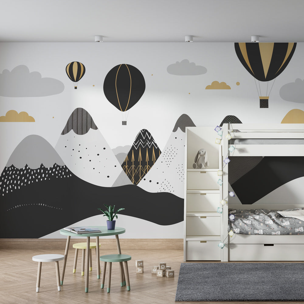 Hot air balloon wallpaper transforming modern kids bedroom with geometric mountain patterns