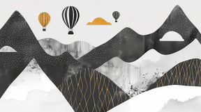 Detailed mountain and hot air balloon mural wallpaper design pattern with golden accents by Kids-Mundo