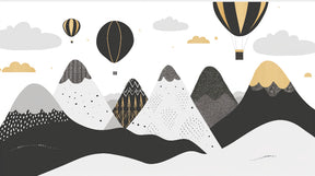 Detailed mountain balloon mural wallpaper design pattern with geometric peaks and floating balloons by Kids-Mundo