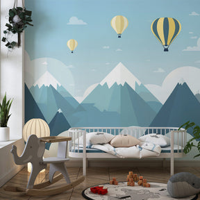 Mountain balloon wallpaper transforming modern kids playroom with blue sky theme