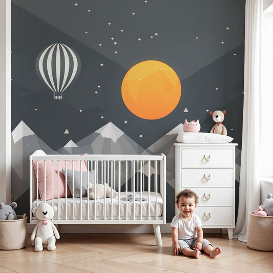 Mountain balloon mural wallpaper with starry night theme in modern children's nursery by Kids-Mundo