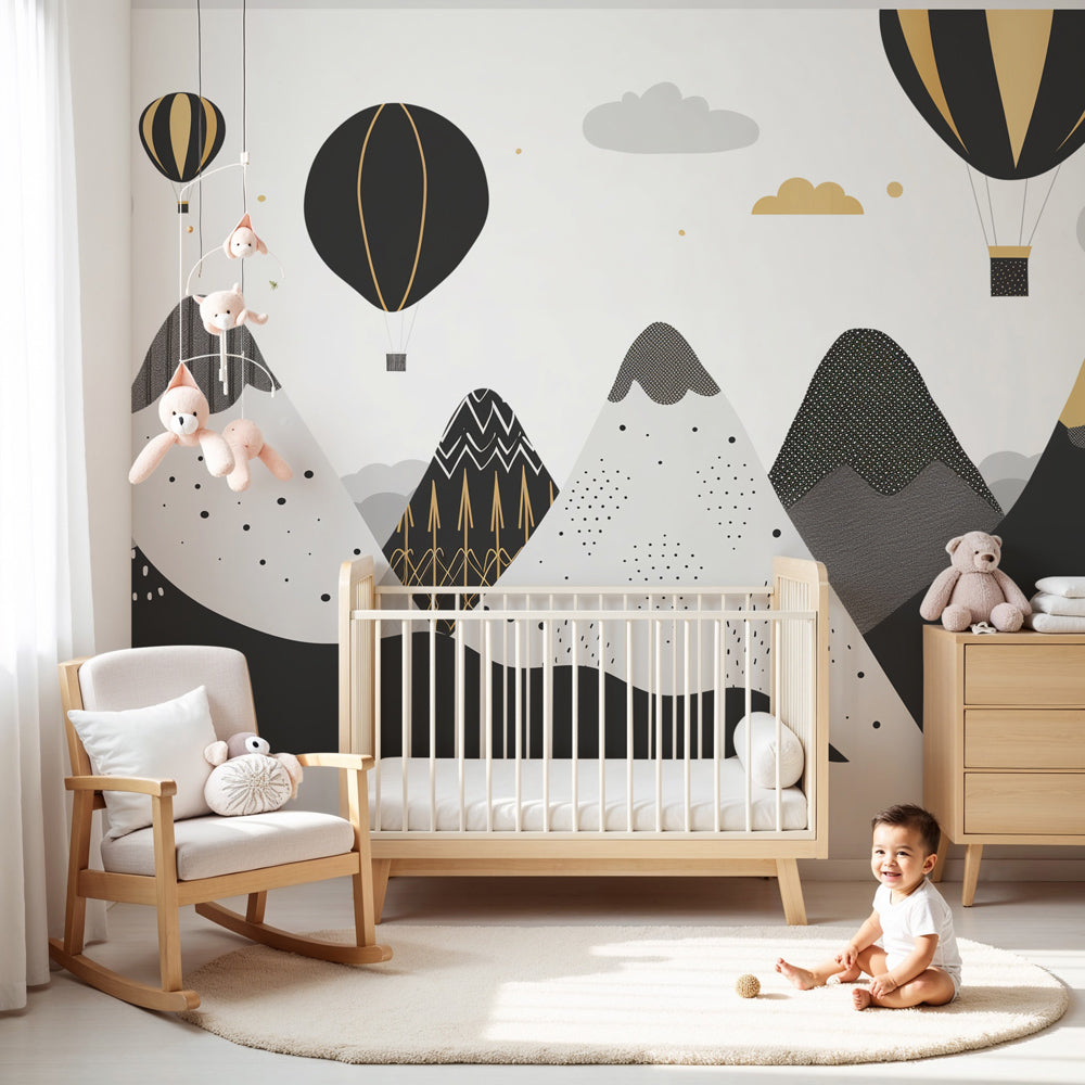 Mountain balloon mural wallpaper creating dreamy adventure nursery with monochrome design by Kids-Mundo