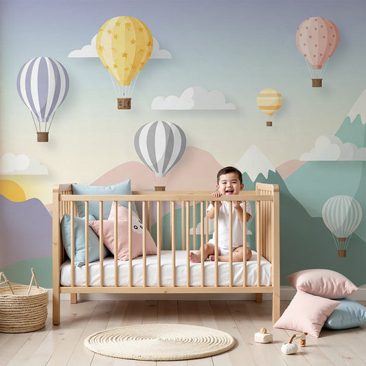 Kids-Mundo mountain hot air balloon wall mural with pastel sky in a nursery