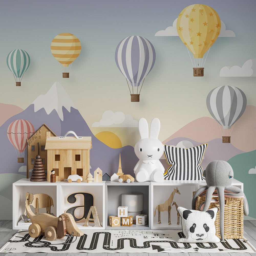 Kids-Mundo mountain hot air balloon wall mural in a playroom feature wall