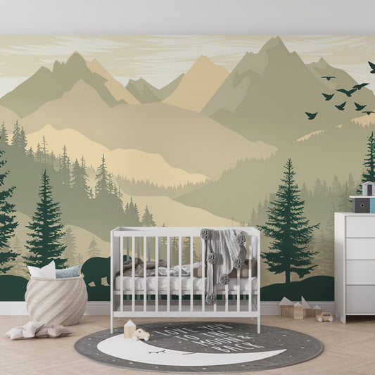 Kids-Mundo mountain landscape wall mural with pine trees shown in a kids' bedroom