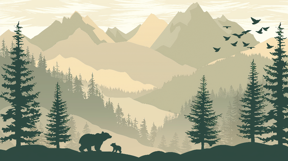 Mountain Landscape with Bear and Cub Wall Mural