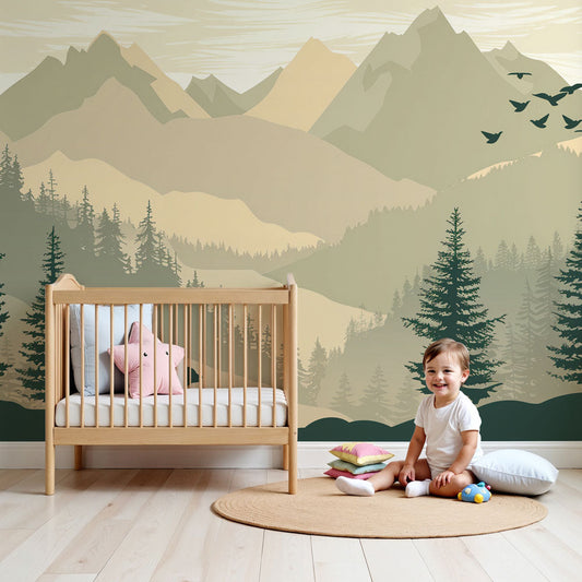Kids-Mundo mountain wall mural with bear and cub styled in a calm green nursery