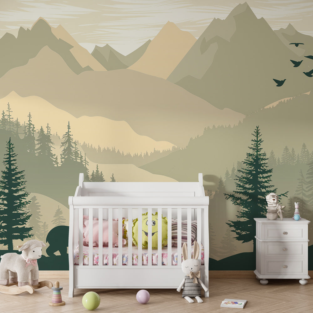 Kids-Mundo mountain wall mural with wandering bears displayed in a bright playroom