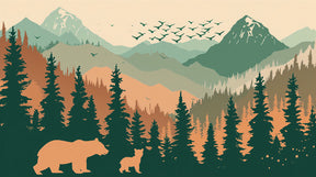 Detailed mountain bear forest mural wallpaper design pattern with trees and wildlife by Kids-Mundo