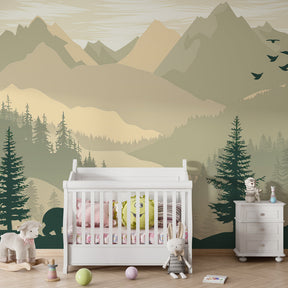 Woodland bear mural wallpaper transforming children's playroom with nature-inspired green tones