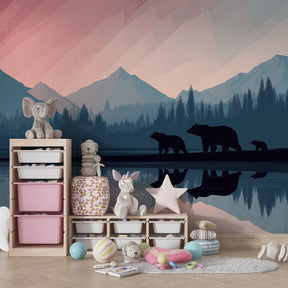 Twilight mountain wilderness wallpaper creating peaceful children's bedroom atmosphere