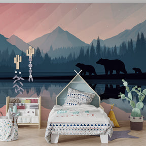 Bear mountain mural wallpaper with soft pink and blue tones in modern kids room