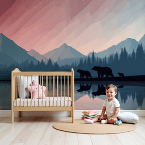 Mountain bears mural wallpaper in cozy nursery with wooden furniture by Kids-Mundo