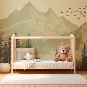 Nature-themed mountain bears wallpaper transforming children's playroom with woodland adventure scene