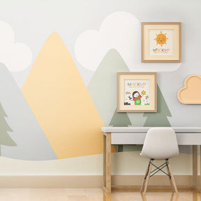 Pastel mountain wallpaper creating serene kids bedroom with cozy reading nook decor