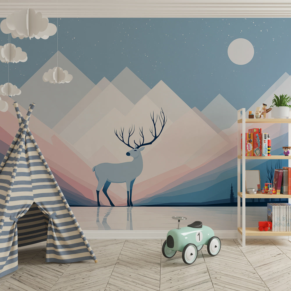 Majestic deer wallpaper creating peaceful mountain atmosphere in children's bedroom setting